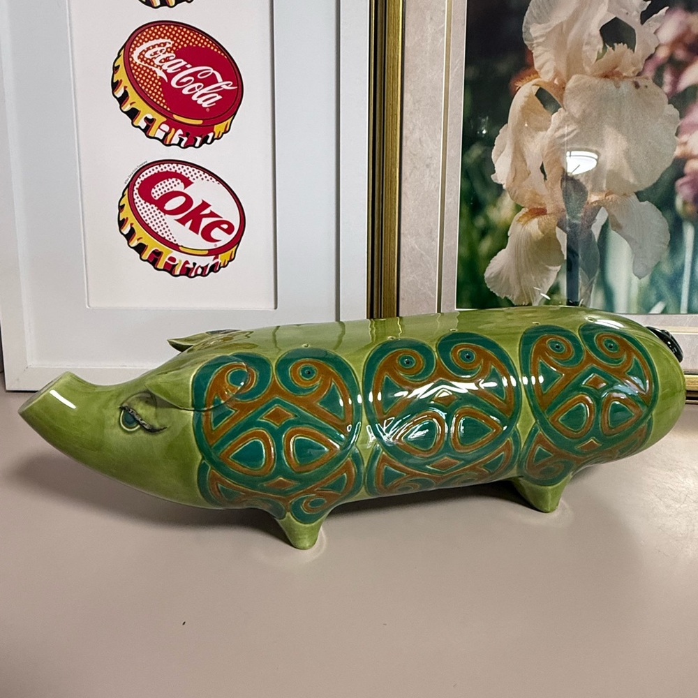 Green Ceramic Decorative Pig Figurine with Teal Accents - Picture 11 of 16